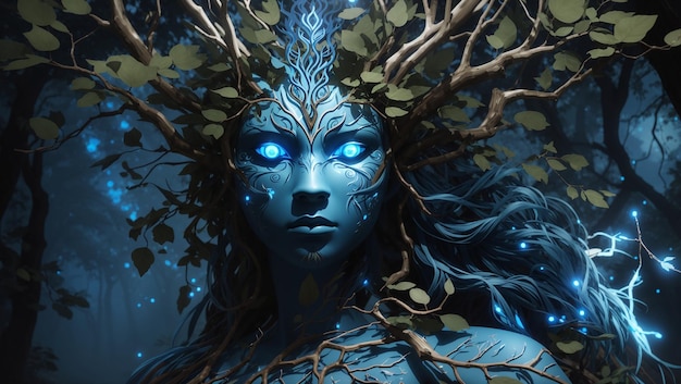 The image is of a blueskinned humanoid with antlers made of branches The figure is standing in a d