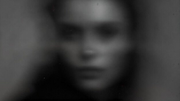 Photo the image is a blurry black and white photograph of a persons face the person appears to be looking towards the camera but the details are indistinct due to the blurriness