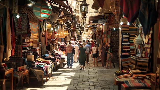 The image is a bustling Middle Eastern market The narrow street is lined with shops selling a variety of goods