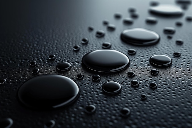 The image is a close up of a black surface with many small drops of water on it