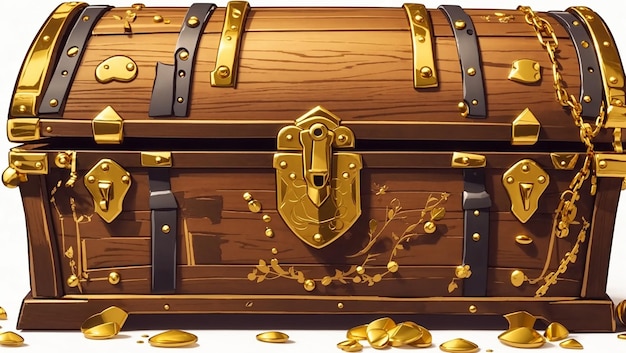 The image is of a closed wooden treasure chest with gold accents sitting on a wooden table There is