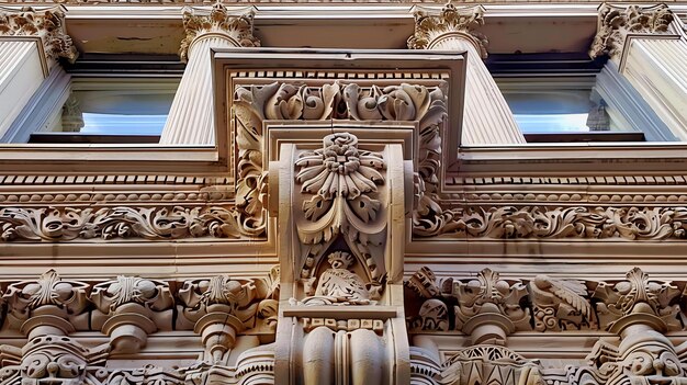 The image is a closeup of an ornate building facade