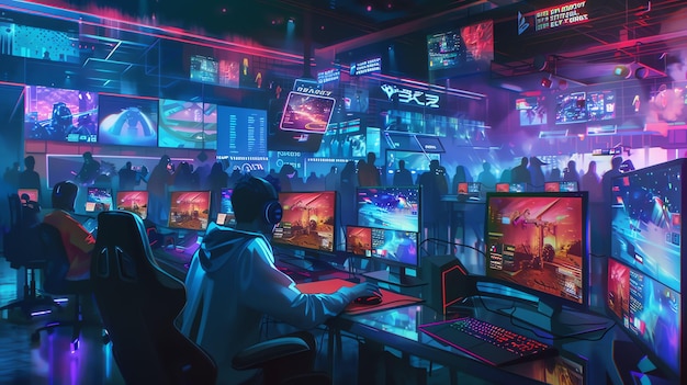 The image is a concept art of a futuristic gaming center The center is filled with people playing