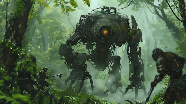 Photo the image is a concept art of a giant robot walking through a jungle the robot is made of metal and has a large eye on its front