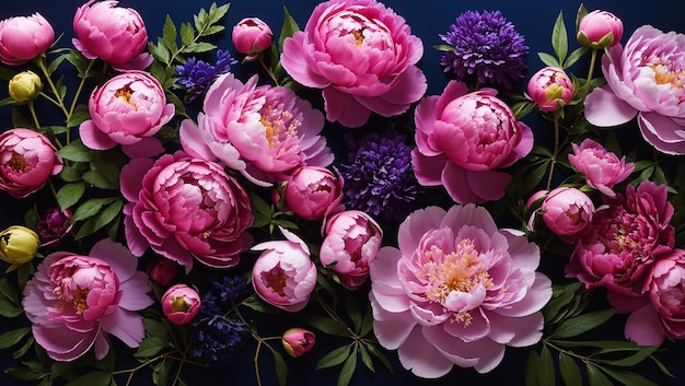 The image is a dark blue background covered in various pink and white peony flowers and green leaves