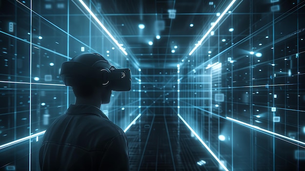 The image is a dark bluetoned depiction of a person wearing a virtual reality headset