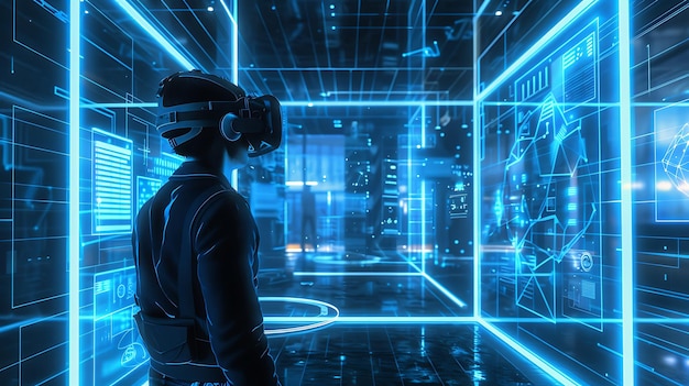 The image is a dark futuristic room with a person wearing a virtual reality headset