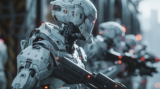 The image is a dark and futuristic scene with a squad of four soldiers in white armor