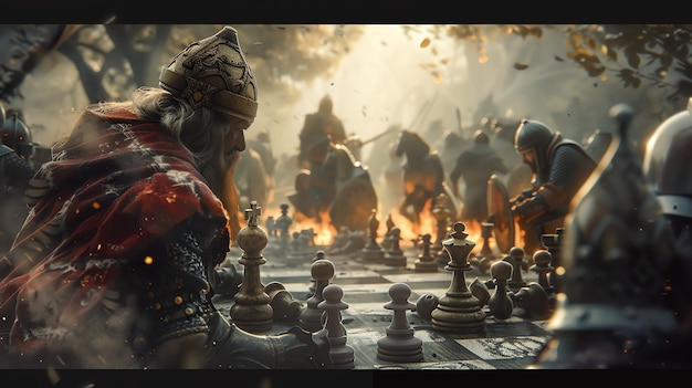 The image is a dark and moody painting of a chess game between two armored warriors