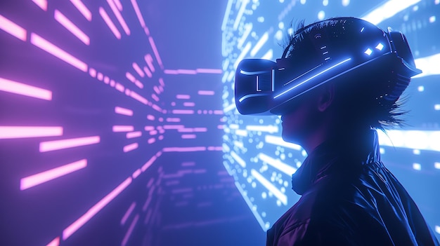 The image is a darkskinned person wearing a virtual reality headset They are in a brightly lit room with blue and purple lights