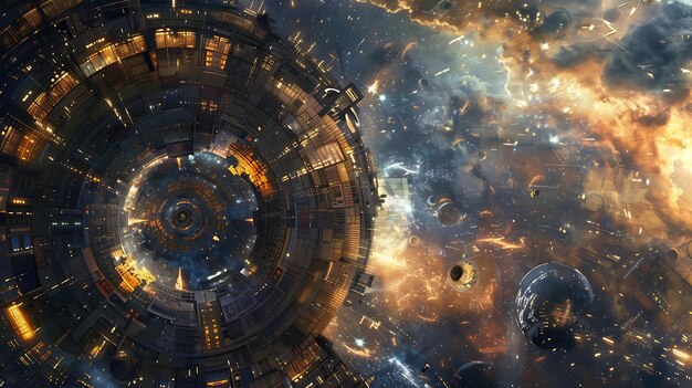 The image is a depiction of a futuristic space station