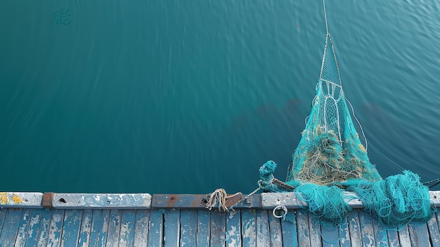 Photo the image is a fishing net hanging on a wooden pier the net is blue and green and is covered in water droplets the pier is old and weathered