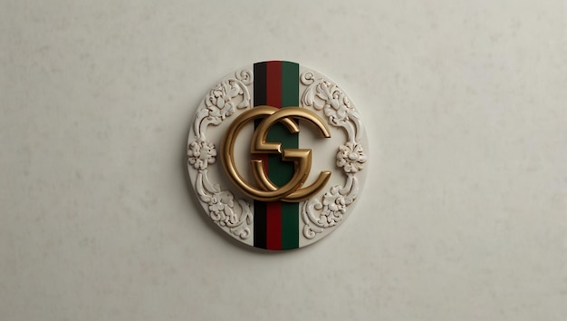 The image is a goldcolored Gucci logo on a solid white background