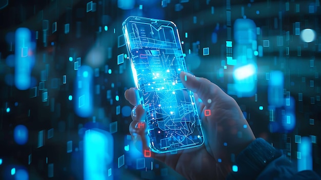 The image is of a hand holding a transparent smartphone The background is a blur of blue and black The smartphone has a map of a city on the screen