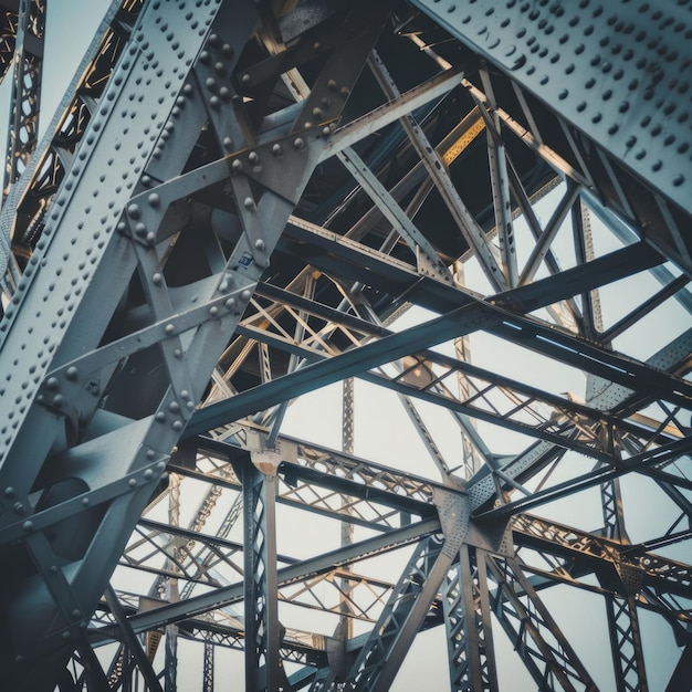 Photo the image is of a large steel structure with many metal bars and rivets