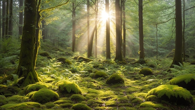 The image is of a lush green forest with bright sunlight shining through the trees There are large