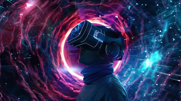 The image is of a man wearing a virtual reality headset He is standing in a dark room surrounded by a colorful abstract background