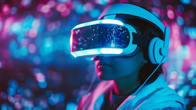 The image is of a person wearing a virtual reality headset The headset is white and blue and the person is wearing headphones