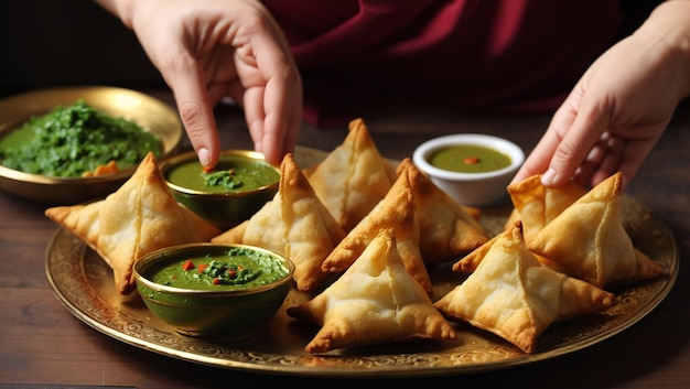 Photo the image is of a plate of samosas with a green chutney a hand is holding one samosa and dipping it