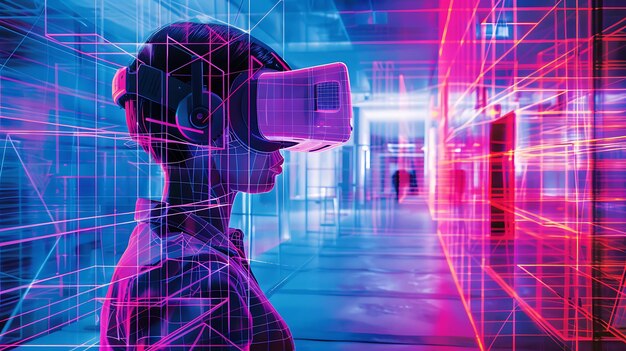 The image is a representation of a person wearing a virtual reality headset The person is standing in a blue and pink neonlit room