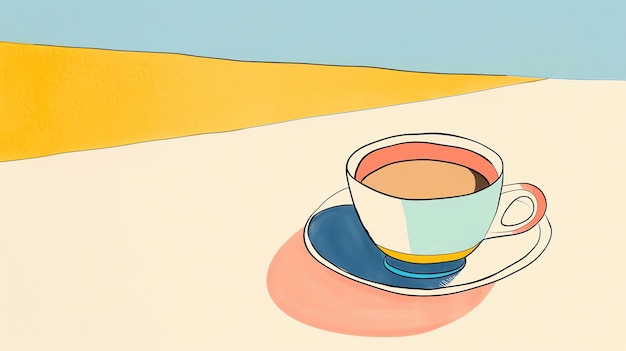 The image is a simple illustration of a cup of coffee on a saucer The cup is white with a blue handle and the saucer is blue