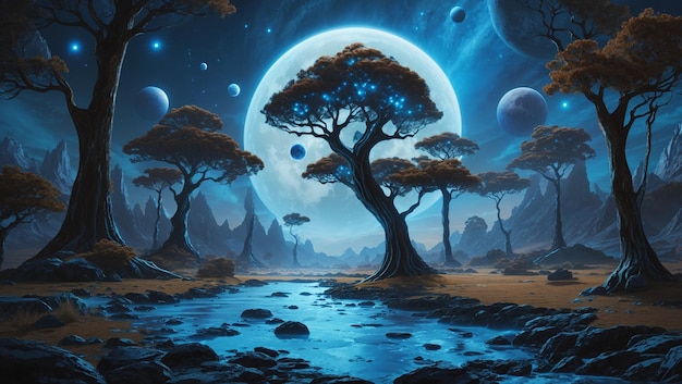 The image is a surreal landscape with two large trees in the foreground with large blue and red moo