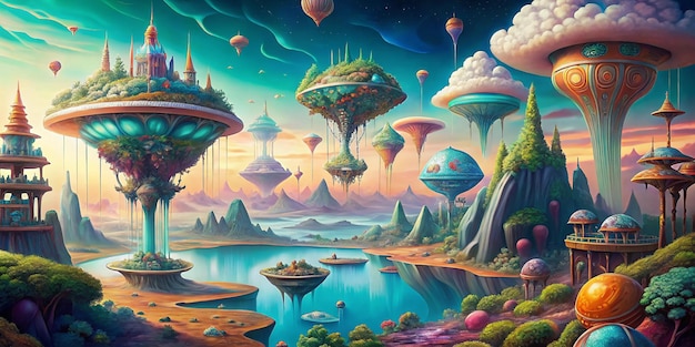 The image is a surreal painting depicting a fantastical landscape The scene is set in a world where