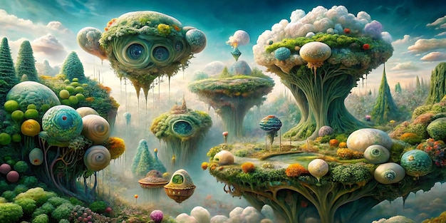 The image is a surreal painting depicting a fantastical landscape The scene is set in a world