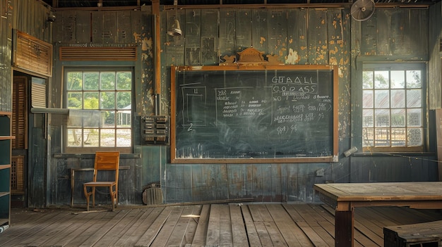 The image is a vintage classroom with a blackboard wooden chair and table The blackboard has a drawing of a house on it