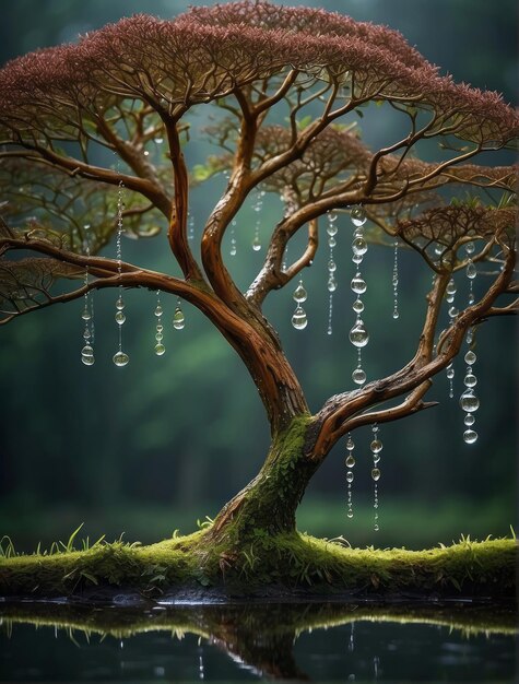 Photo the image is of water drops forming the shape of a tree set against a lush forest background