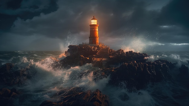 Image of an isolated iron lighthouse standing strong against stormy ocean waves neural