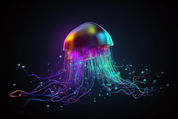 Image of a jellyfish with light that is in the digital world on a dark background Sea animals illustration generative AI