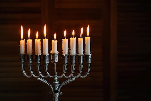 Image of jewish holiday Hanukkah background with menorah traditional candelabra and burning candles Low key