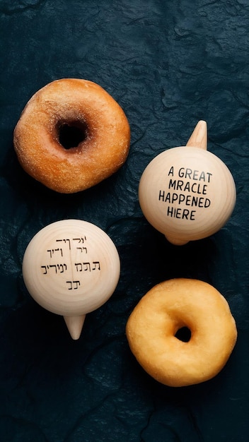 Image of jewish holiday Hanukkah of doughnut and wooden spinning tops with letters that mean a gre