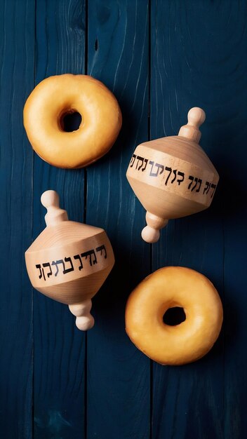 Image of jewish holiday Hanukkah of doughnut and wooden spinning tops with letters that mean a gre