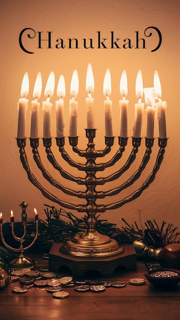 Image of jewish holiday Hanukkah menorah traditional candelabra with text that mean HANUKKAH