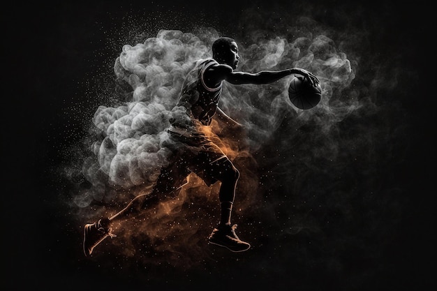 Image of jumping basketball player with ball view of dust and smoke