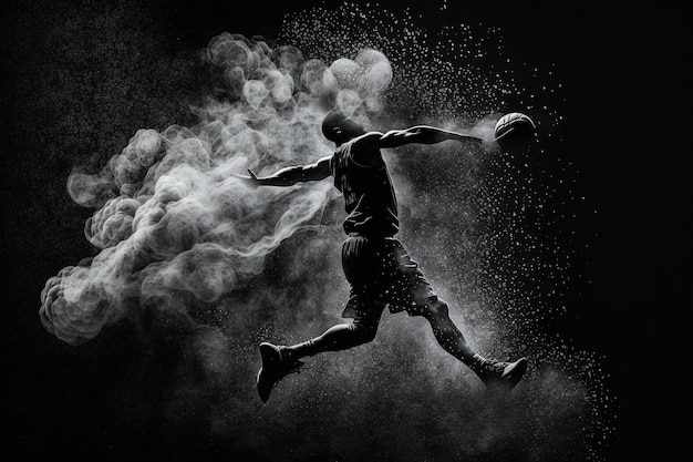 Image of jumping basketball player with ball view of dust and smoke