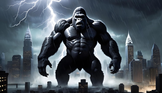 an image of King Kong in a nightmarish thunderstorm rain and lightning