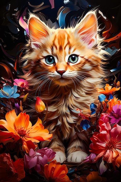 Image of kitten with blue eyes surrounded by flowers Generative AI