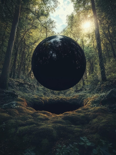 Photo an image of a large black sphere in a forest