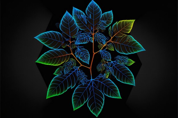 Image of leaves over blue neon hexagon on black nature plants and trees