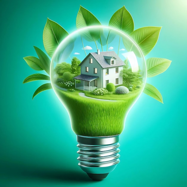 Photo an image of light bulb and green leaves concept of renewable energy and saving electricity bill