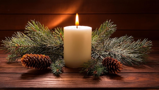 Image of lighted candle with branches and pine cones on a wooden background