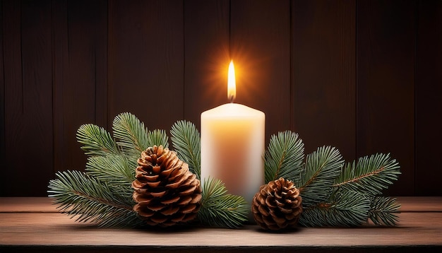 Photo image of lighted candle with branches and pine cones on a wooden background