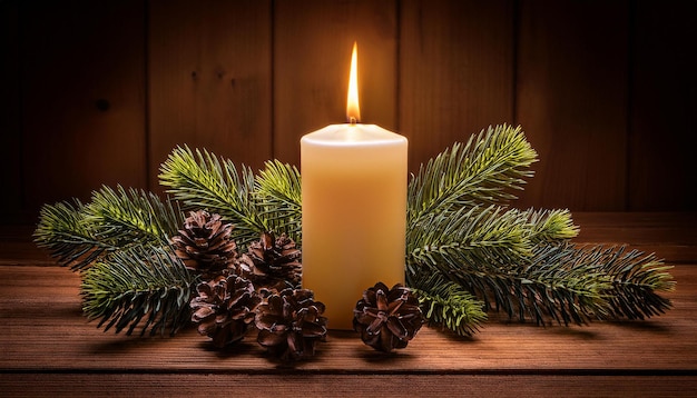 Image of lighted candle with branches and pine cones on a wooden background