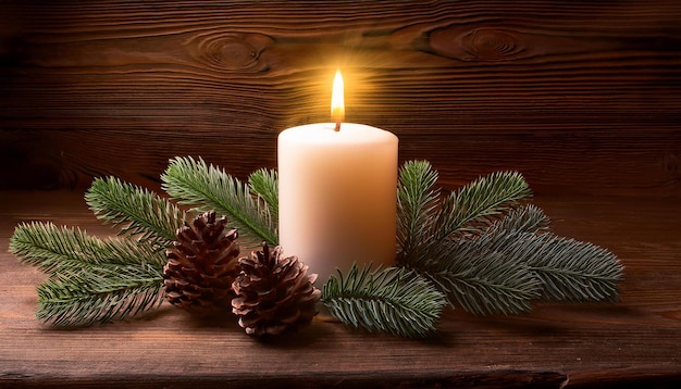 Image of lighted candle with branches and pine cones on a wooden background