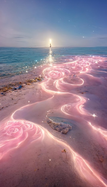 Image of a lighthouse on beach with pink lights generative ai