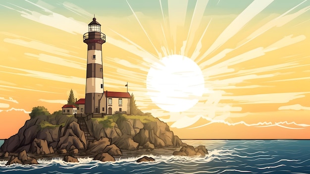 Image of lighthouse on rocky shore with the sun in the background Generative AI