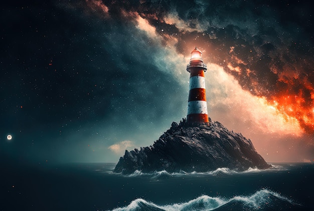 An image of a lighthouse on a space background